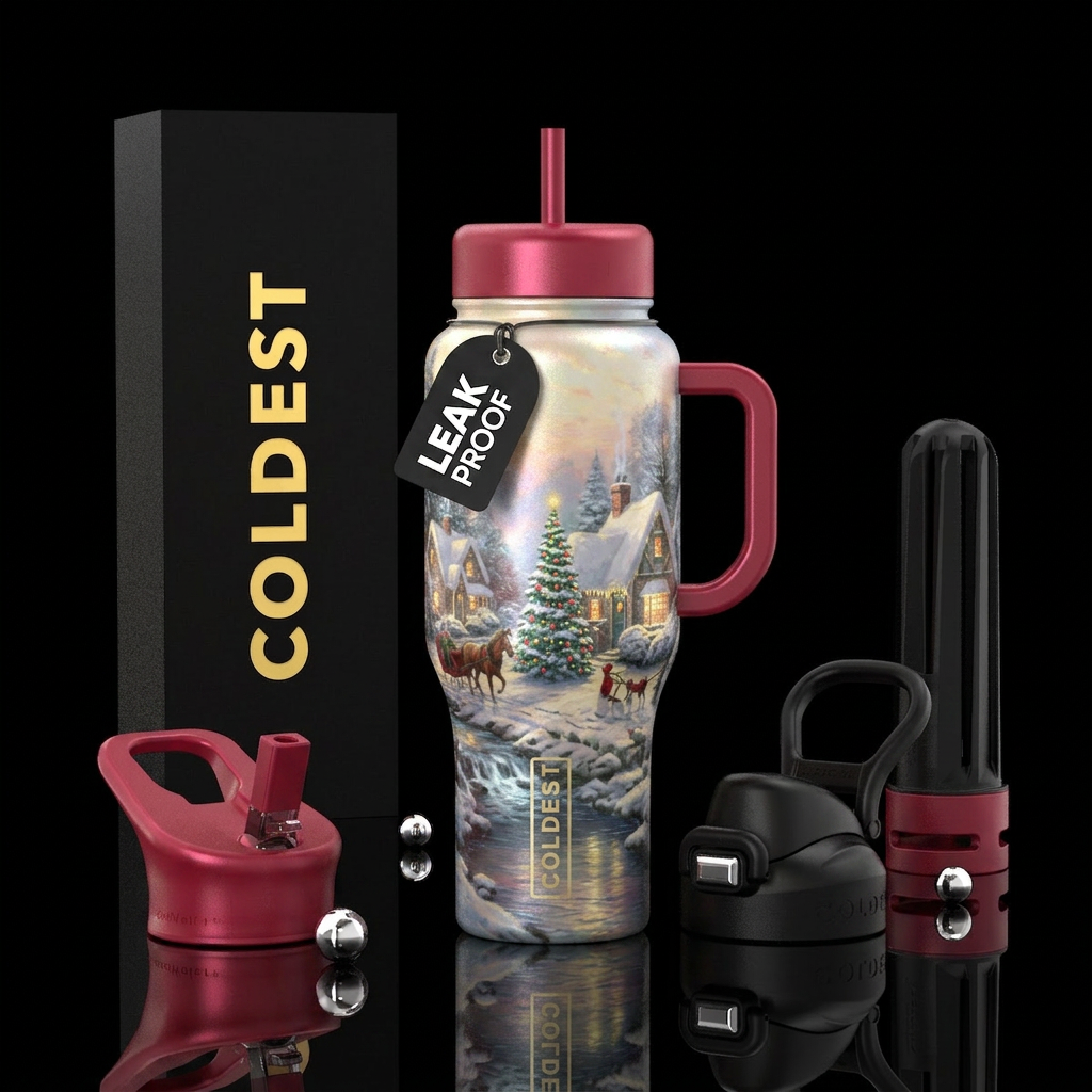 Christmas scene Thomas Kinkade style with pearl sh... water bottle design