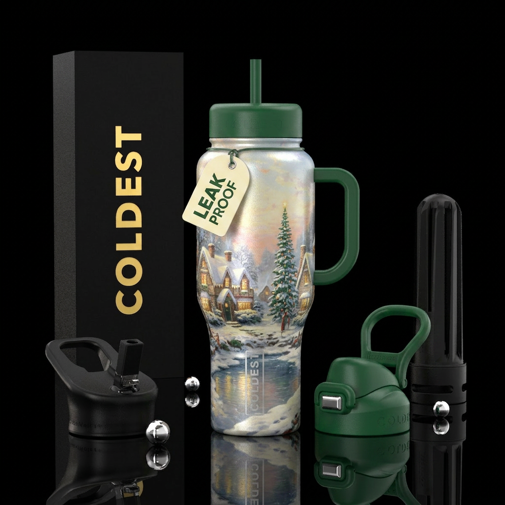Christmas scene Thomas Kinkade style with pearl sh... water bottle design