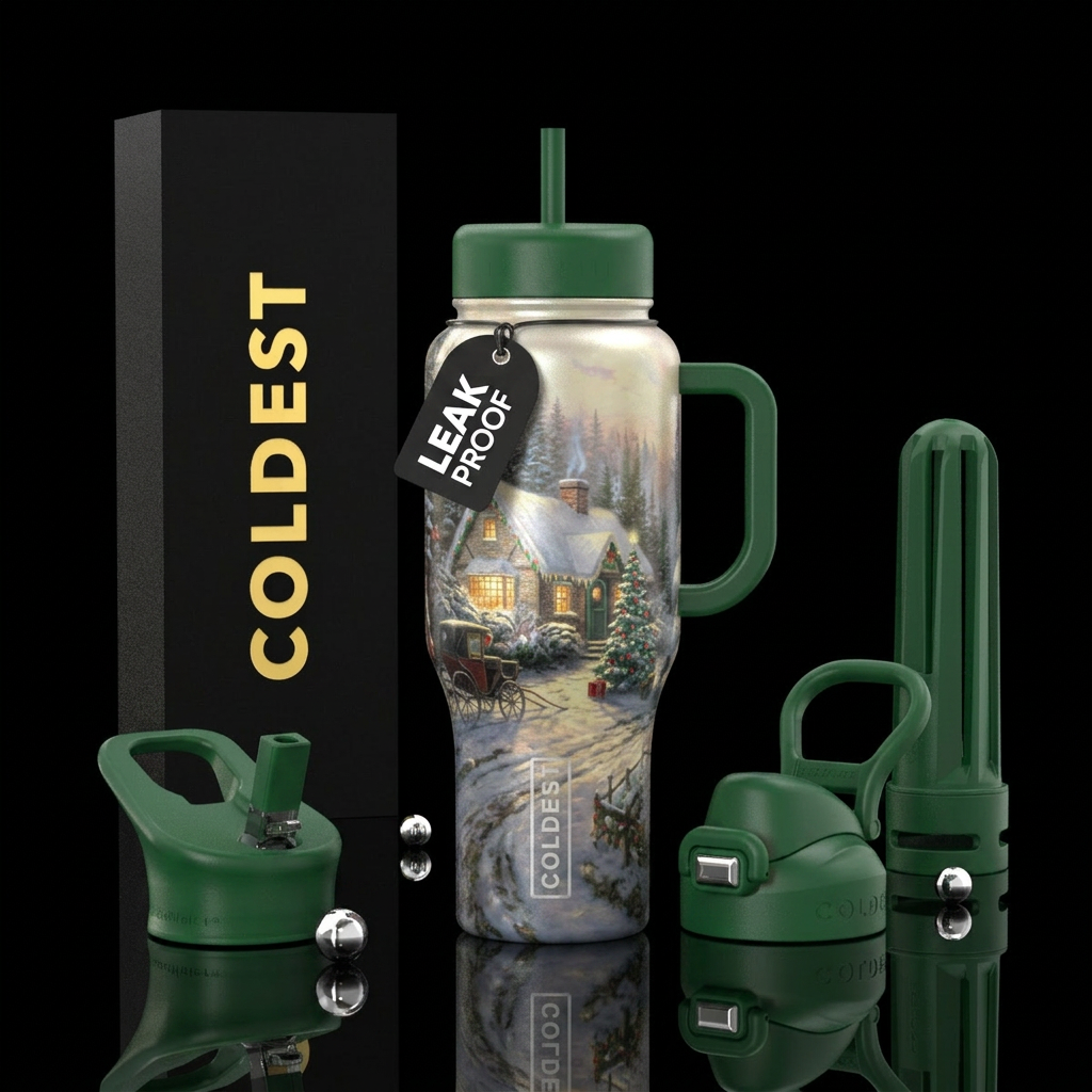 Christmas scene Thomas Kinkade style with pearl sh... water bottle design