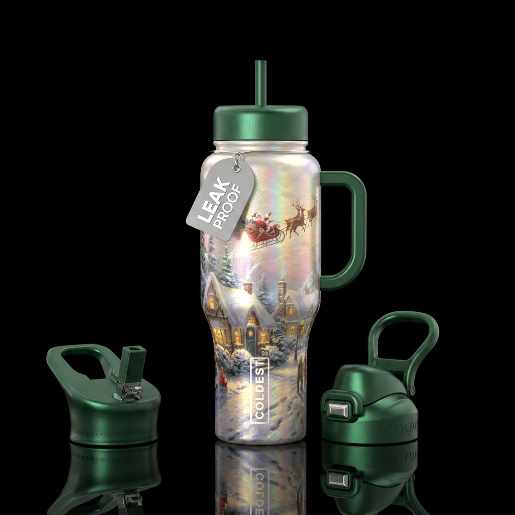 Christmas scene Thomas Kinkade style with santa pe... water bottle design