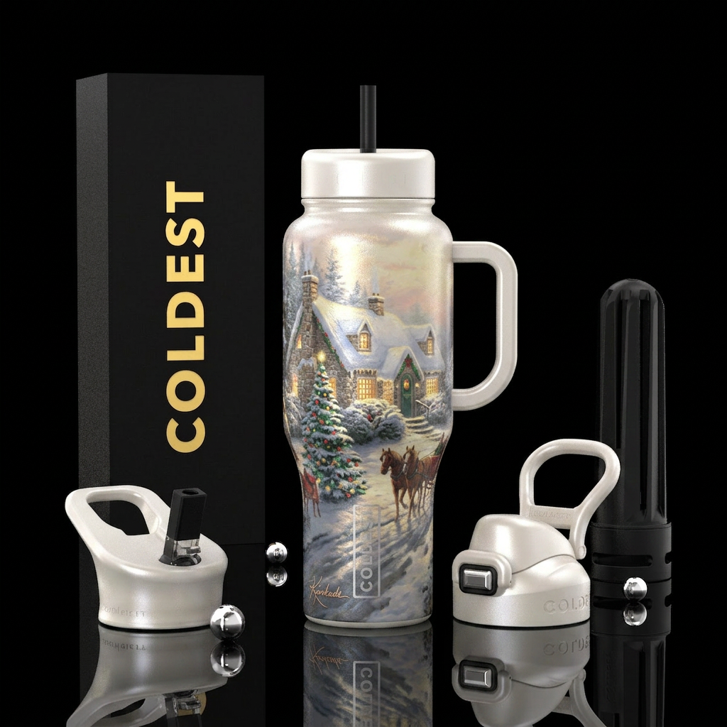 Christmas scene Thomas Kinkade style with santa pe... water bottle design