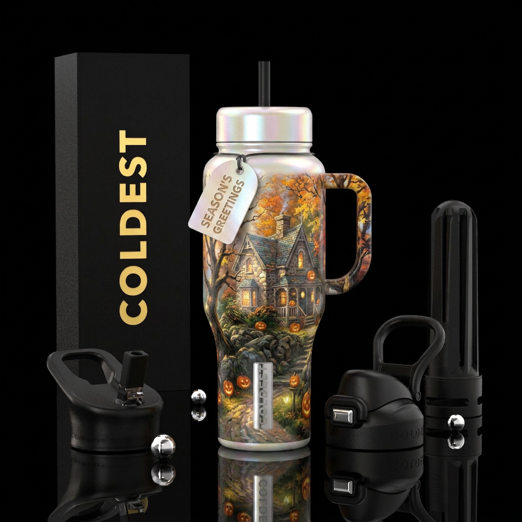 Halloween scene Thomas Kinkade style with  pearl s... water bottle design