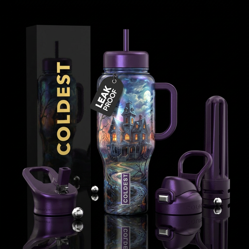 Haunted house scene Thomas Kinkade style with  pea... water bottle design