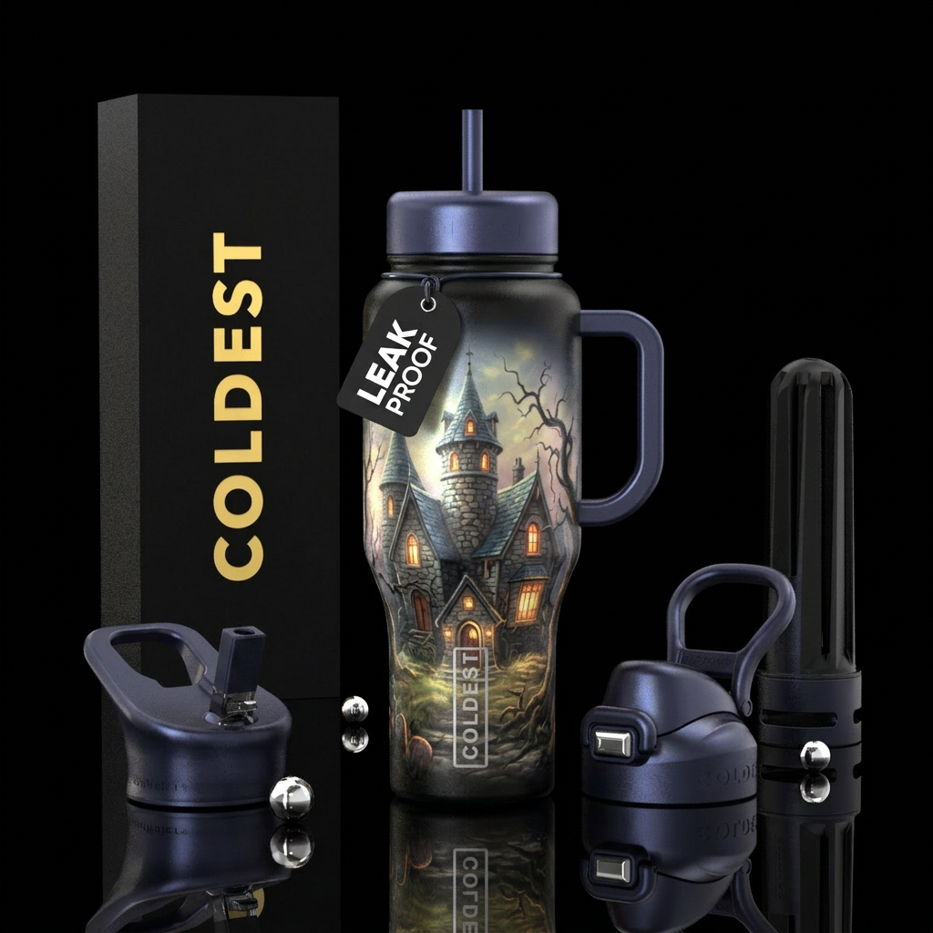 Haunted house scene Thomas Kinkade style with  pea... water bottle design