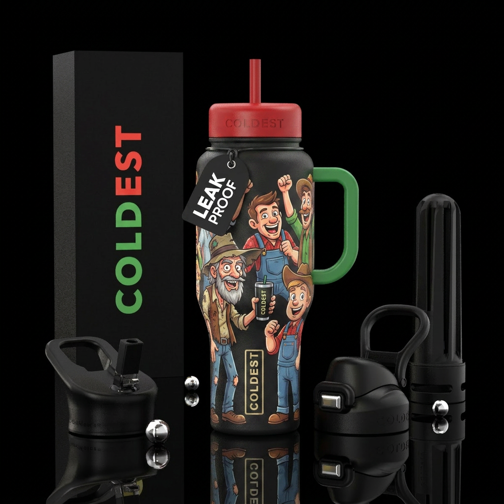 cartoon hillbillies holding Coldest brand  tumbler... water bottle design