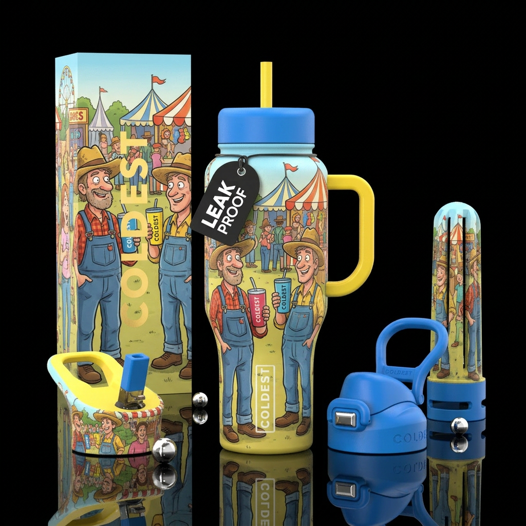 cartoon hillbillies holding Coldest brand  tumbler... water bottle design