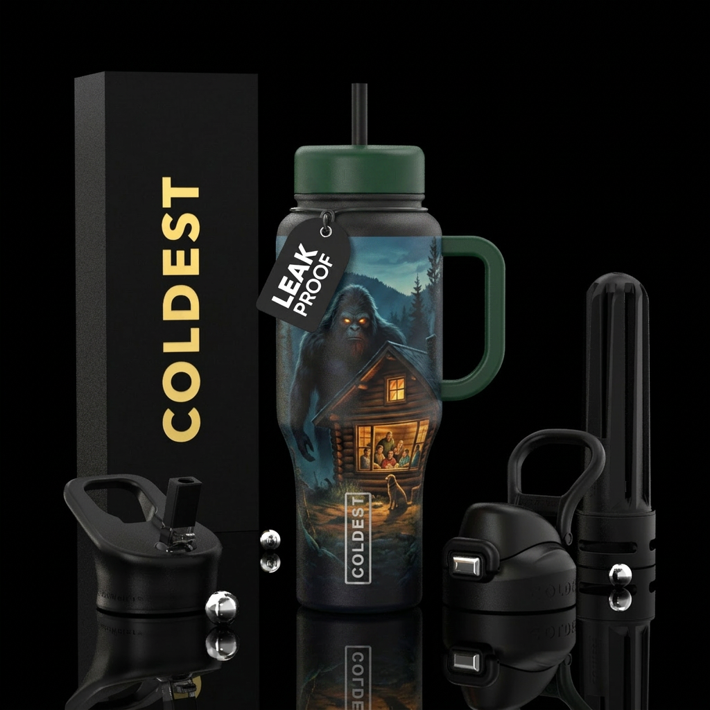 Sasquatch with glowy eyes peering in window of hou... water bottle design