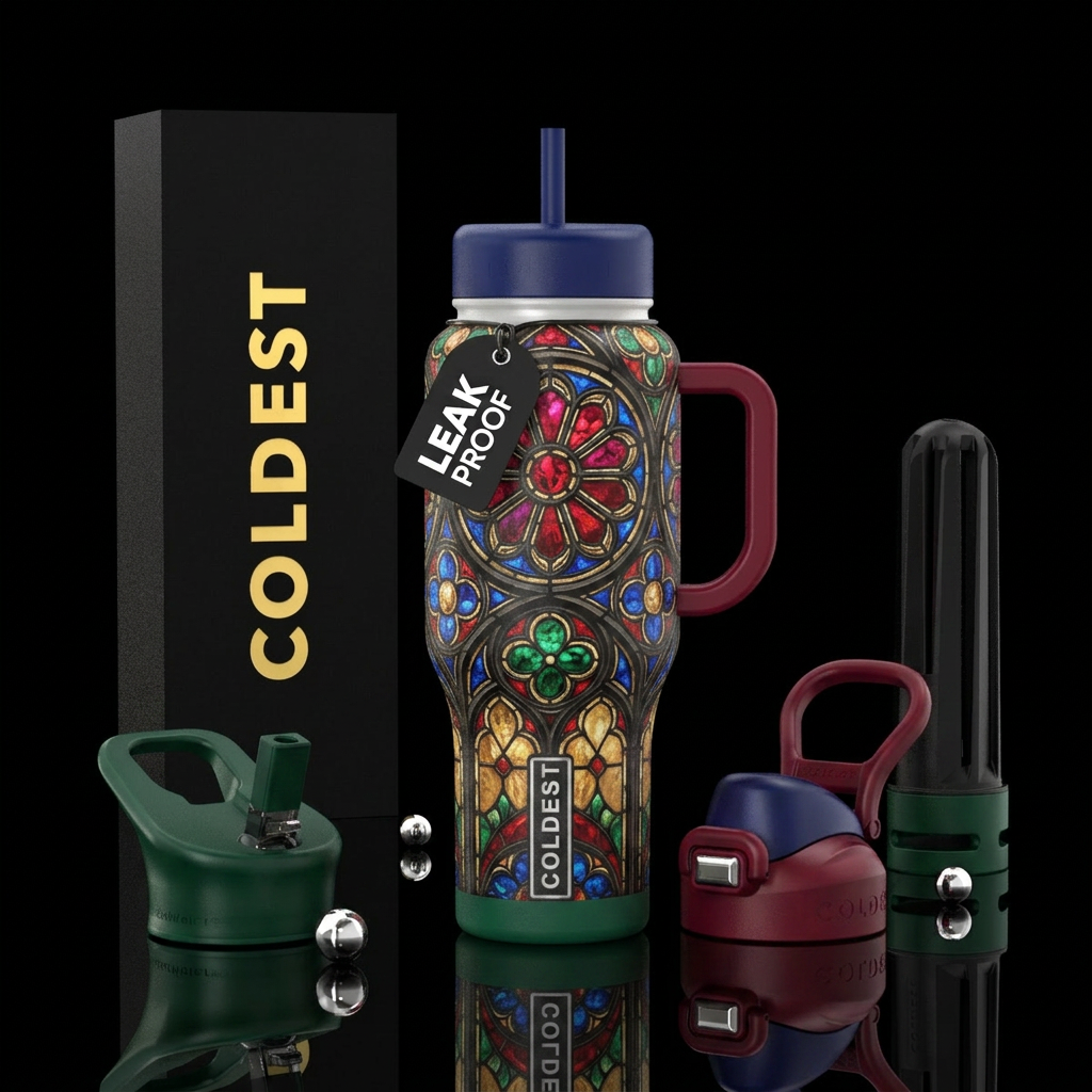Tumbler inspired by mideaval stained glass water bottle design