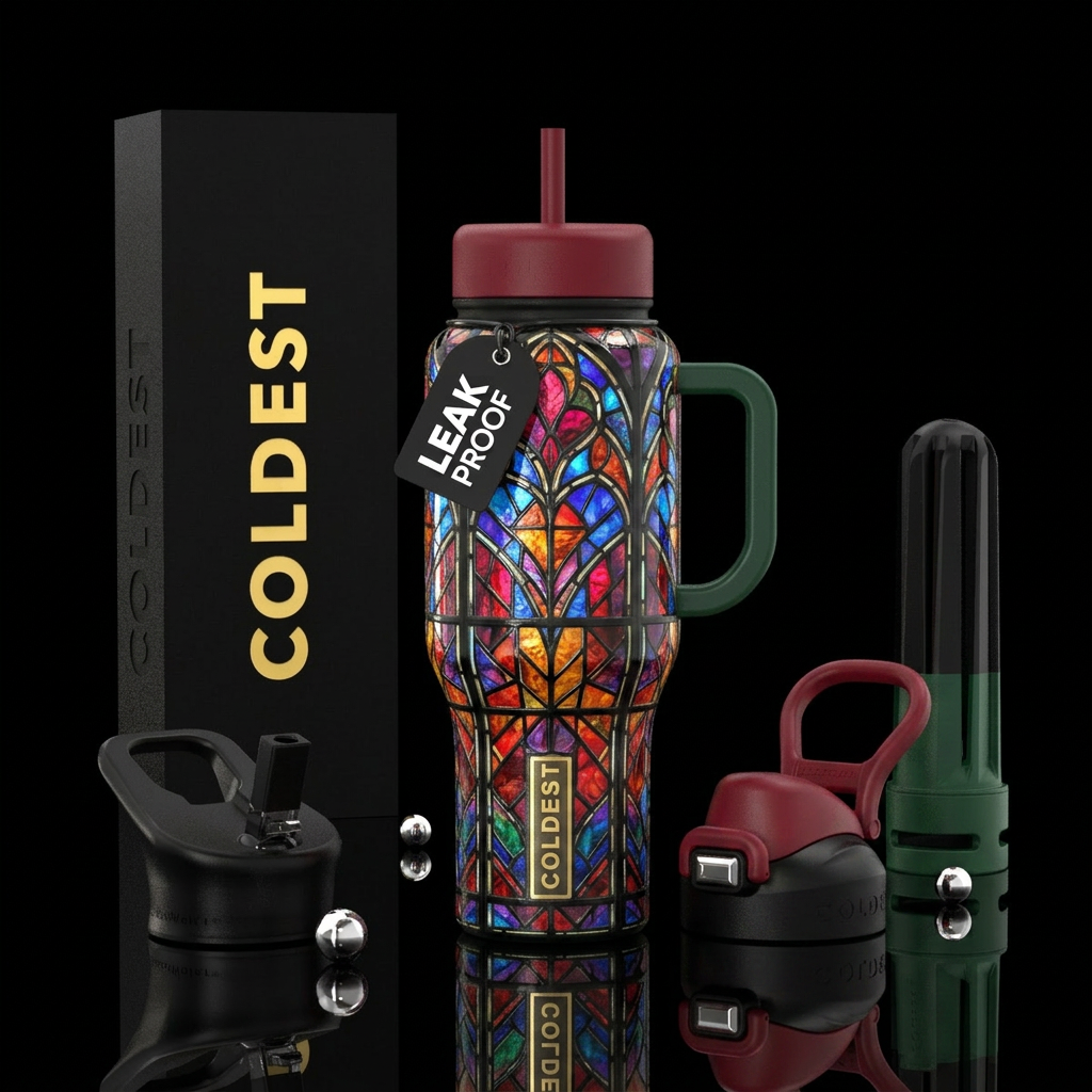 Tumbler inspired by mideaval stained glass water bottle design