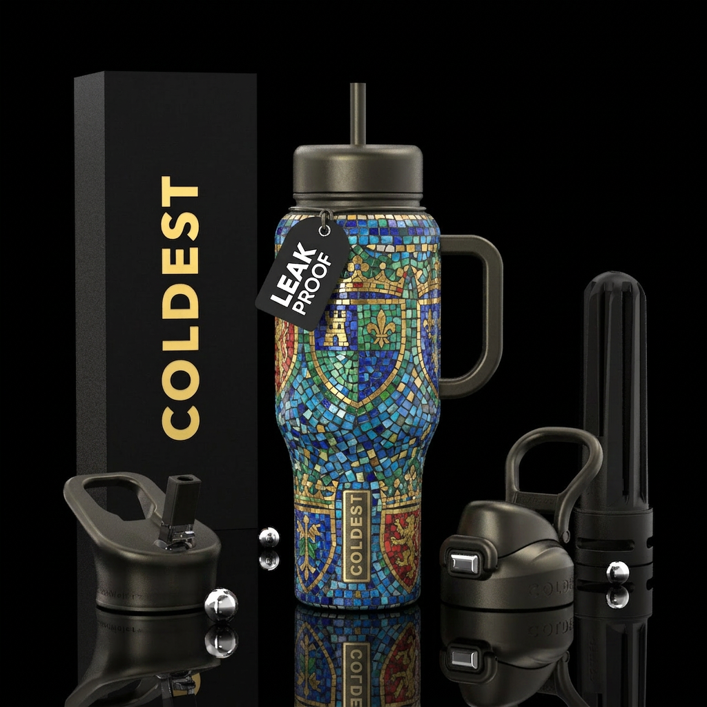 Tumbler inspired by mideaval mosaics water bottle design