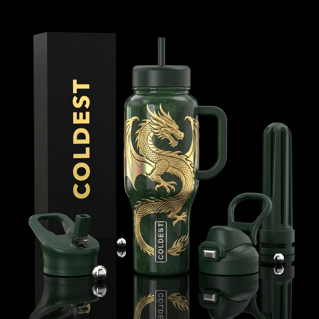 Golden foil dragon wrapped around tumbler with win... water bottle design