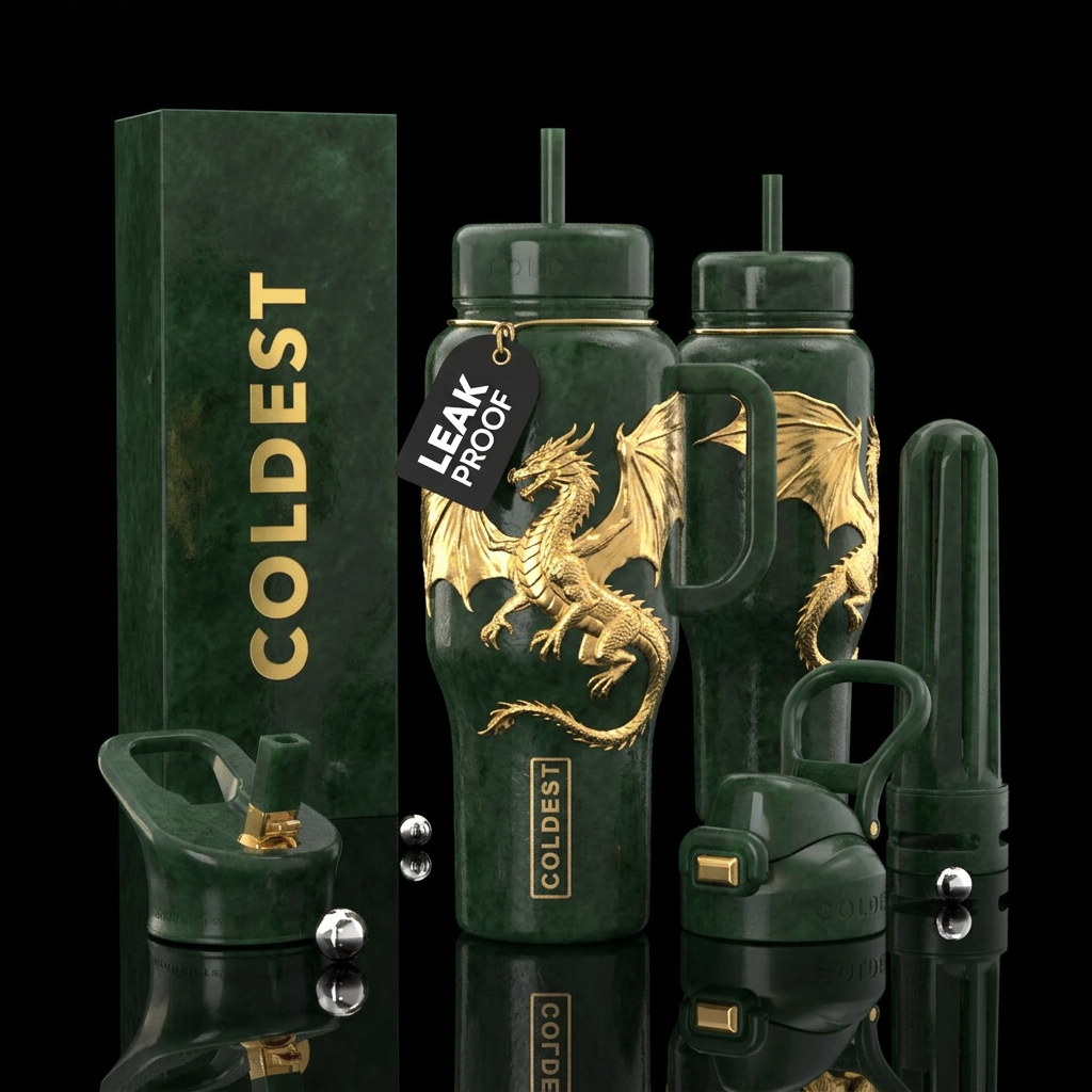 Golden foil dragon wrapped around tumbler with win... water bottle design