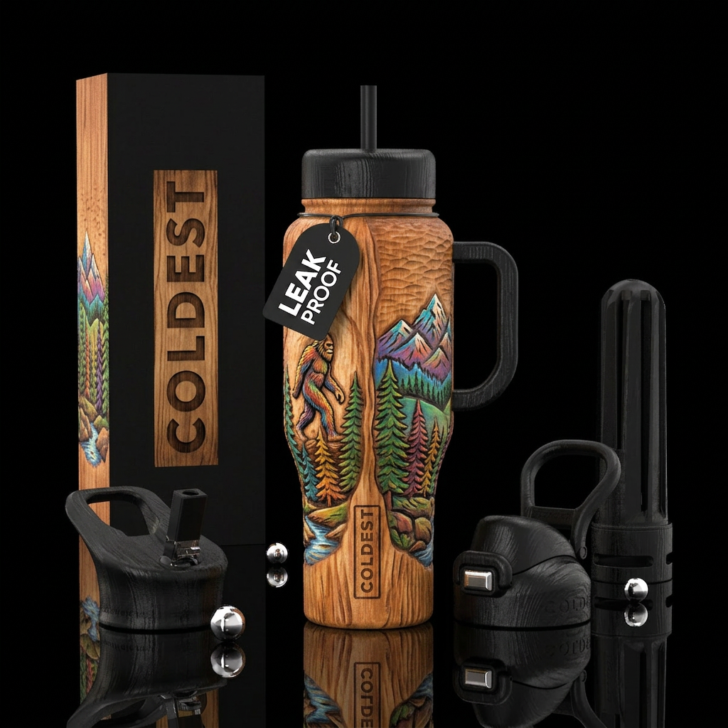 Carved wood appearance, bigfoot on a pine wood tum... water bottle design