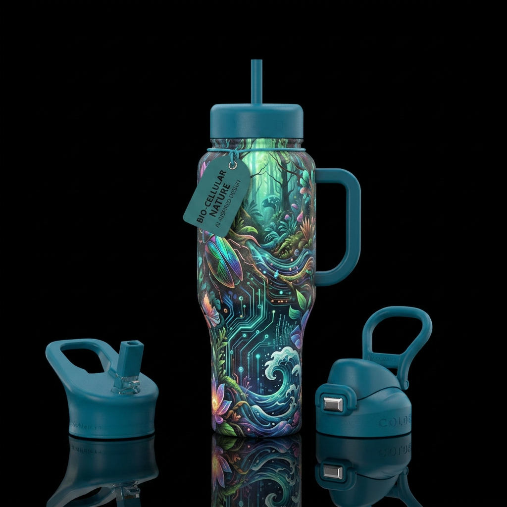 AI inspired nature tumbler water bottle design