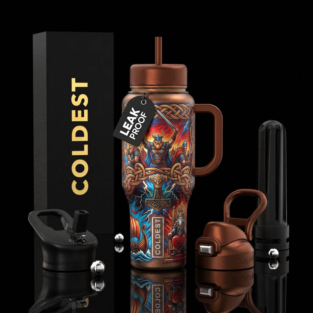 Tumbler inspired by viking lore of battles won water bottle design