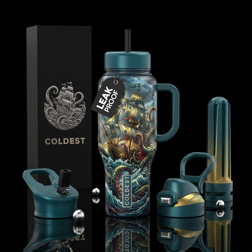Tumbler inspired by ship batteling sea monster water bottle design