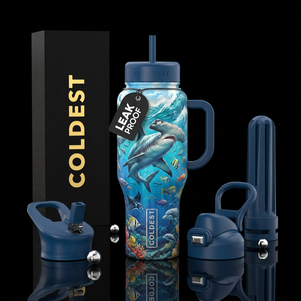 Hammerhead shark hunting in the surf with fish and... water bottle design