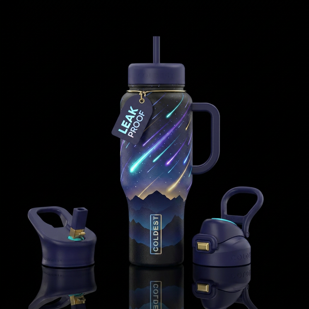 Tumbler inspired by a meteor shower in the mountai... water bottle design
