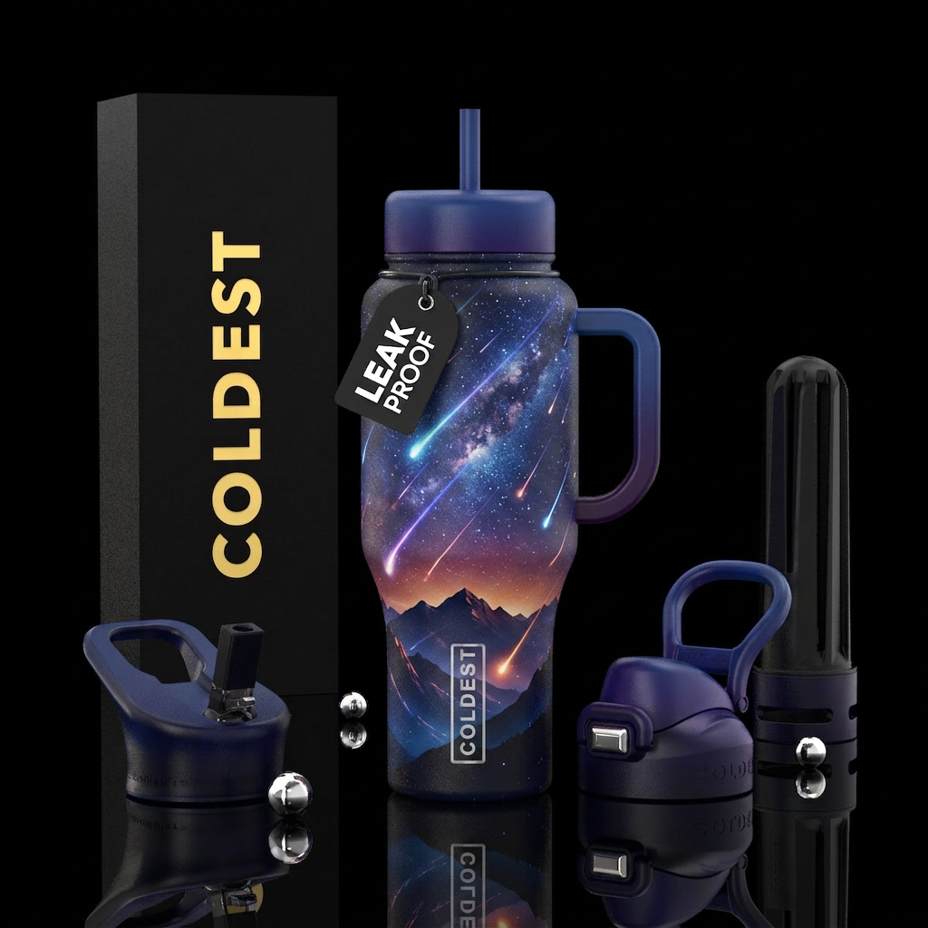 Tumbler inspired by a meteor shower in the mountai... water bottle design