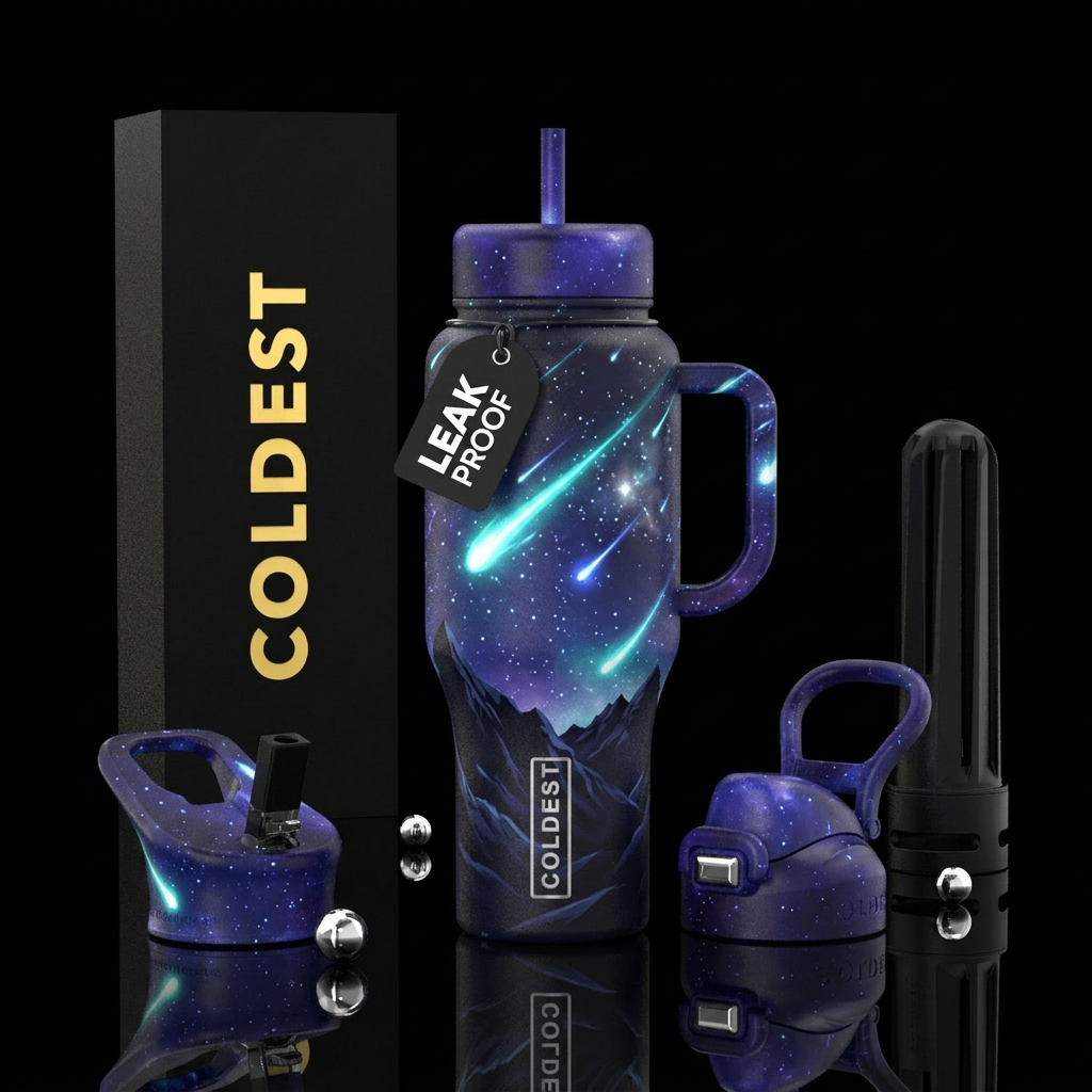 Tumbler inspired by a meteor shower in the mountai... water bottle design