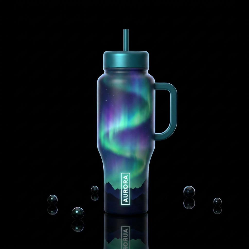 Tumbler inspired by aurora in the mountains at nig... water bottle design