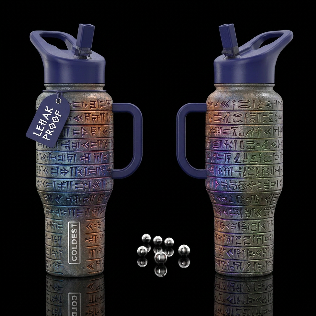 Tumbler inspired by a ancient writing, realism, pl... water bottle design