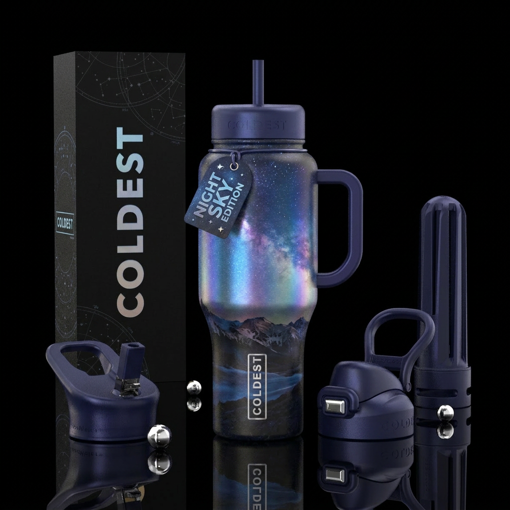 Tumbler is a perfect night sky, iridescent, mounta... water bottle design
