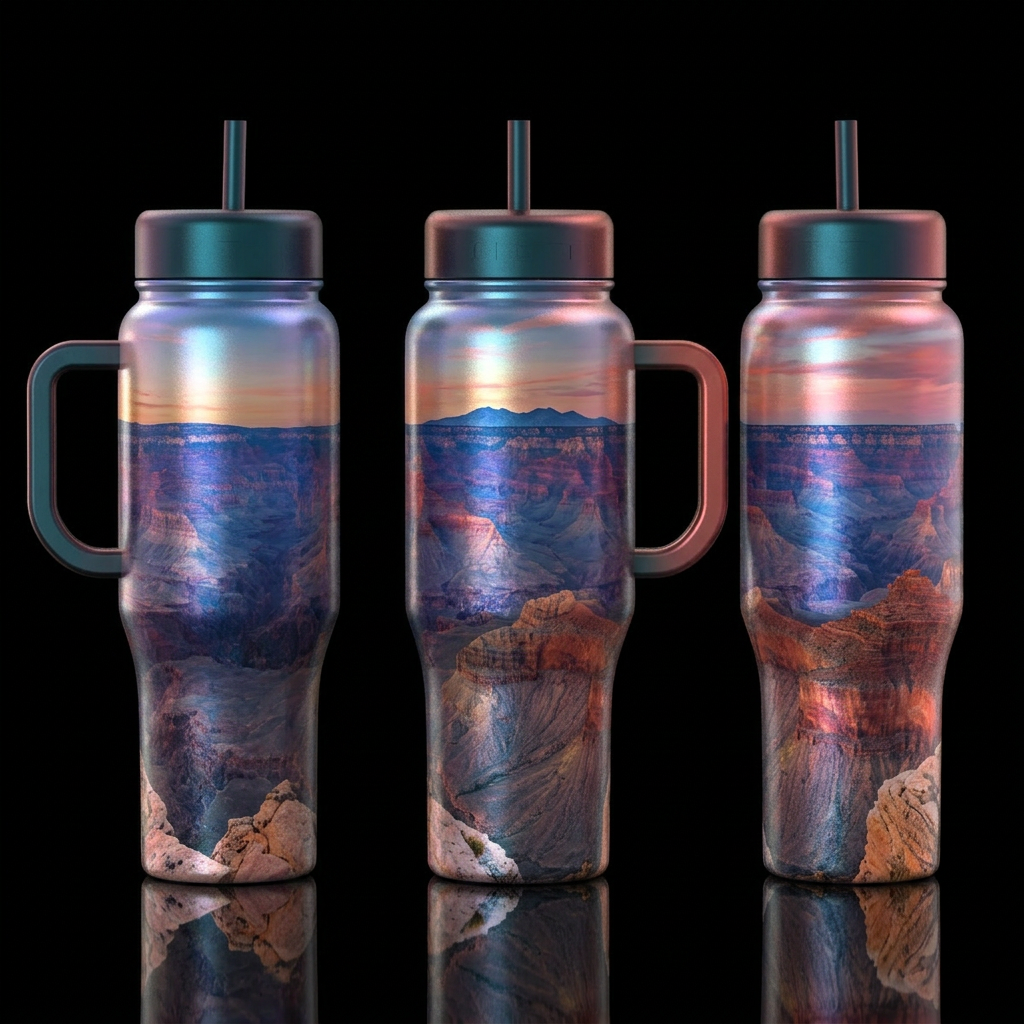 Tumbler is a perfect view overa canyon, iridescent... water bottle design