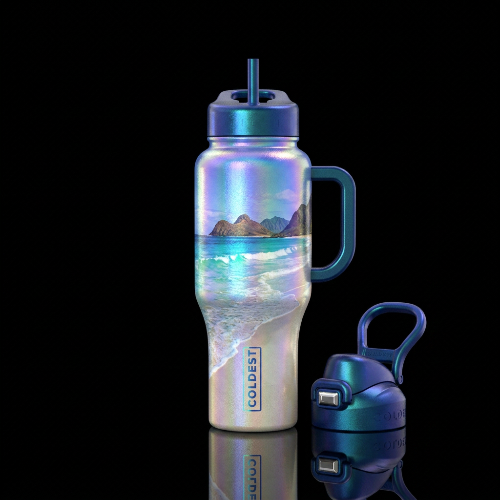Tumbler is a perfect view on a beach, iridescent, ... water bottle design