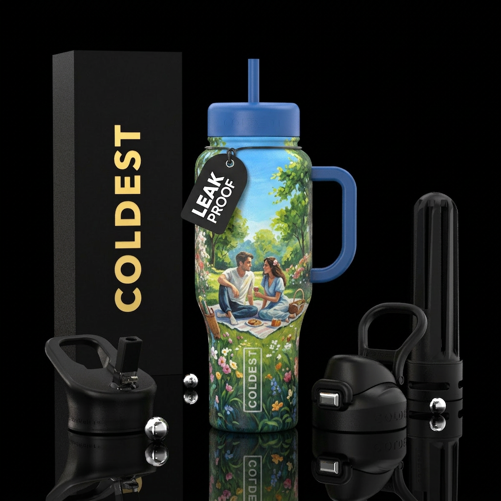 Tumbler is a painting of 2 lovers on a picnic in a... water bottle design