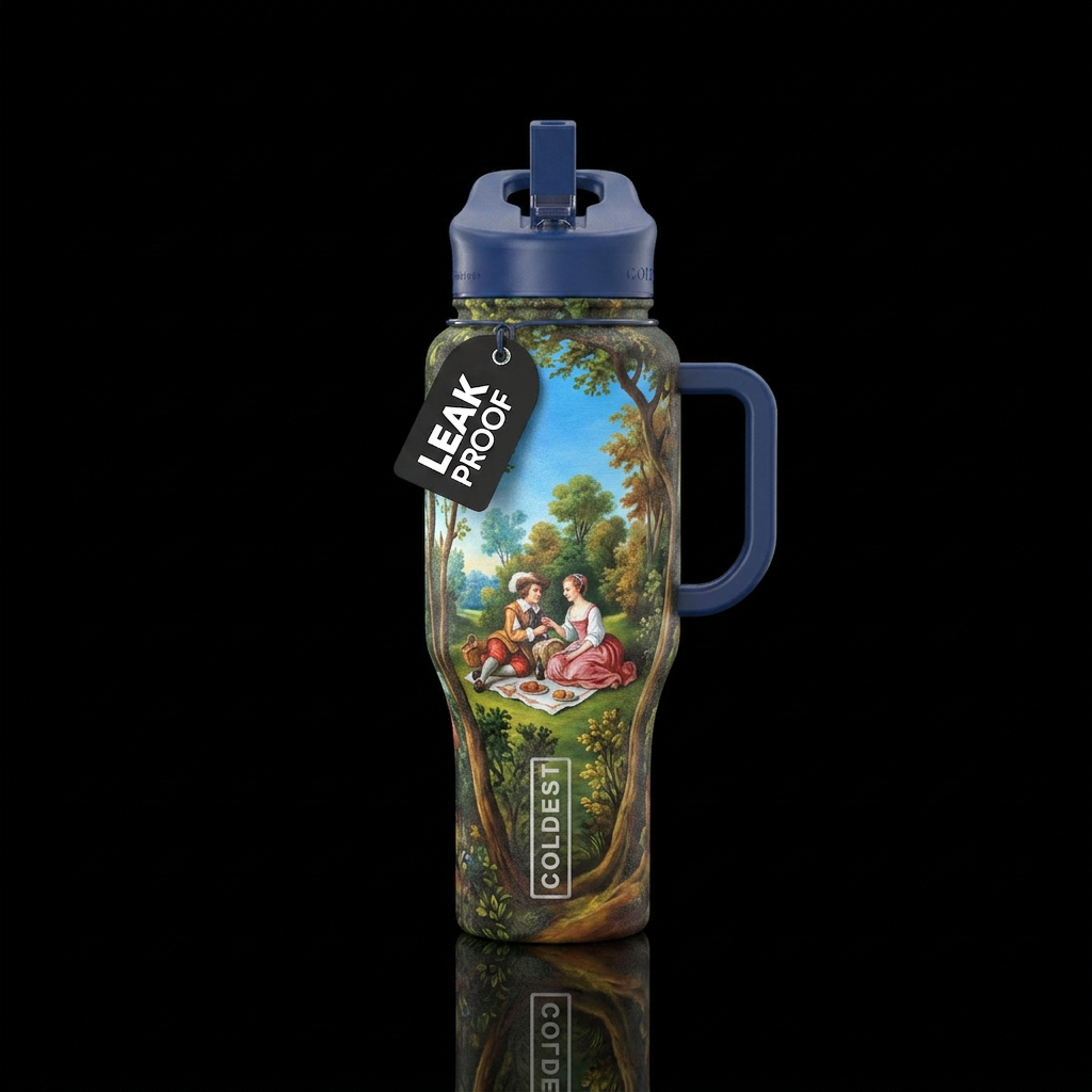 Tumbler is a painting of 2 lovers in the 17th cent... water bottle design