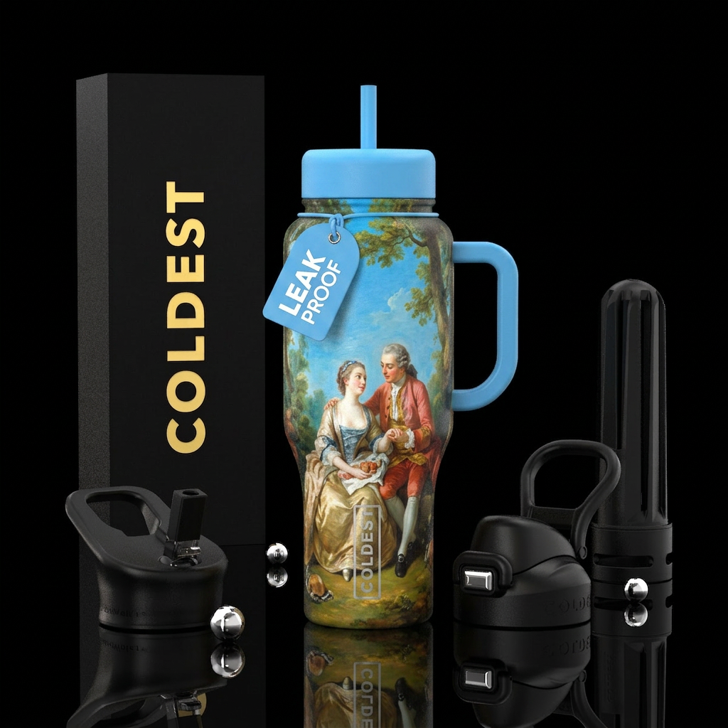 Tumbler is an oil painting of 2 lovers in the 18th... water bottle design