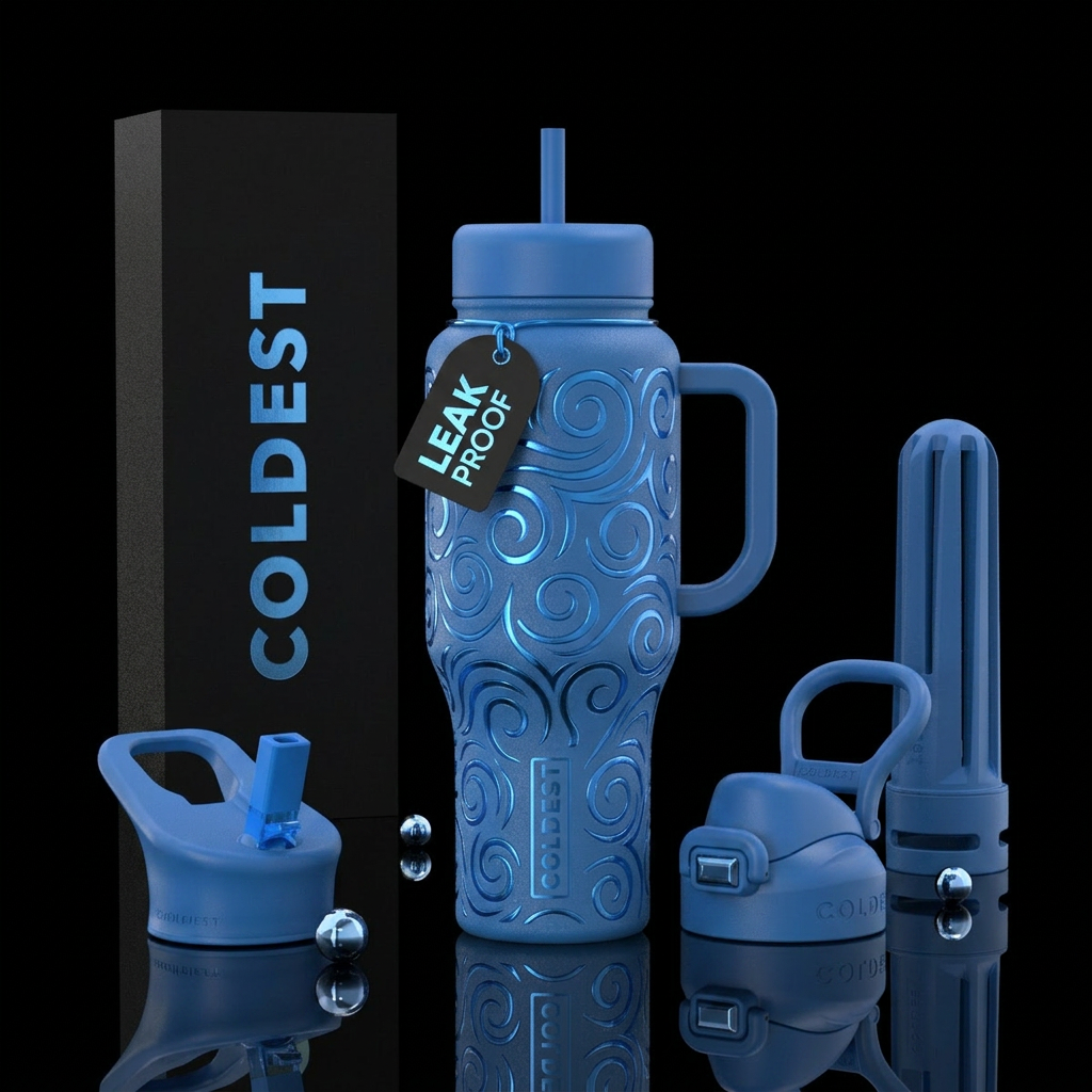 Matt blue with embossed shiny swirls water bottle design