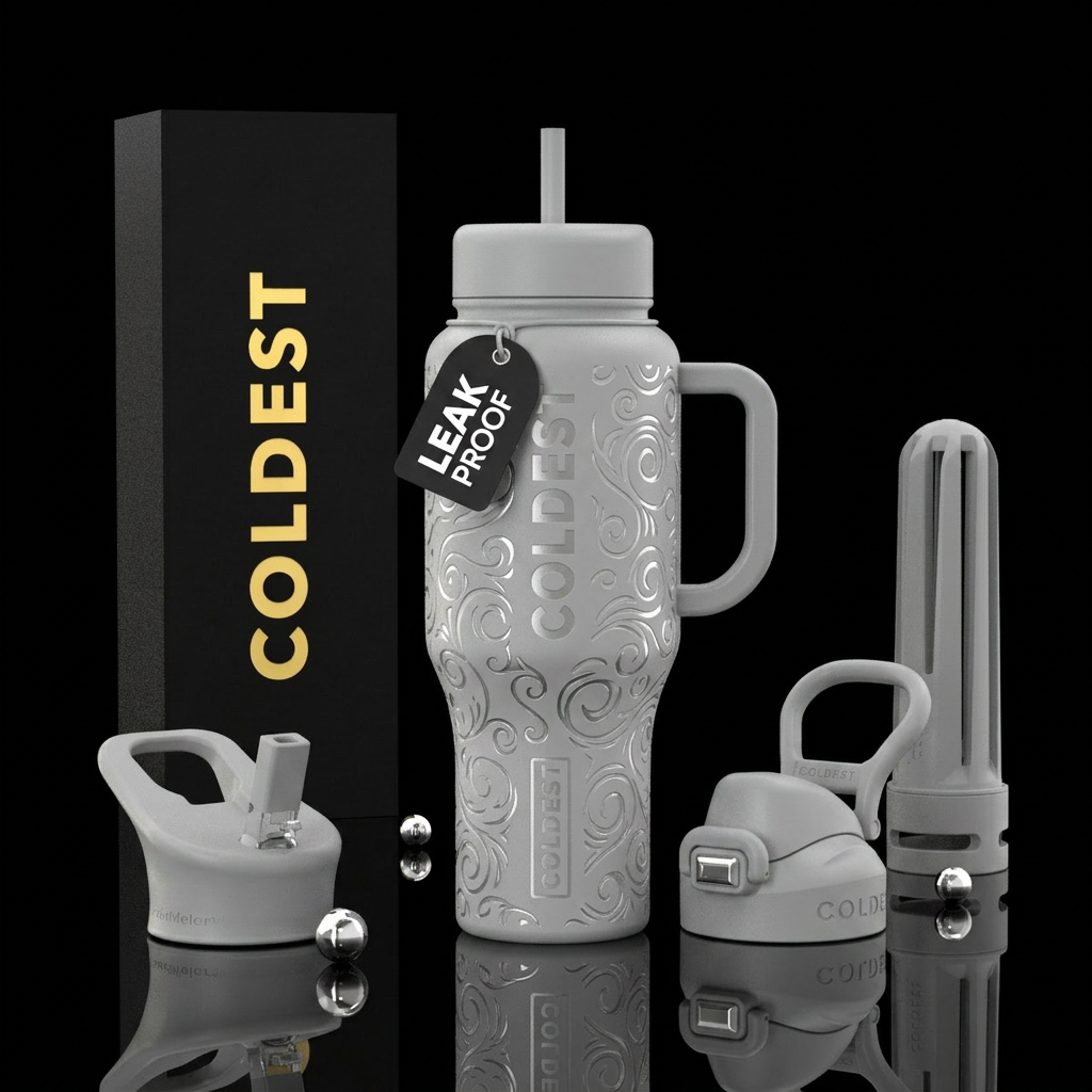 Matt light grey with embossed shiny swirls water bottle design