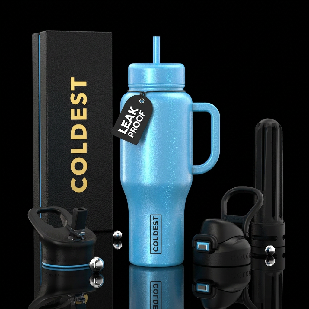 Shimmery pearl powder blue water bottle design