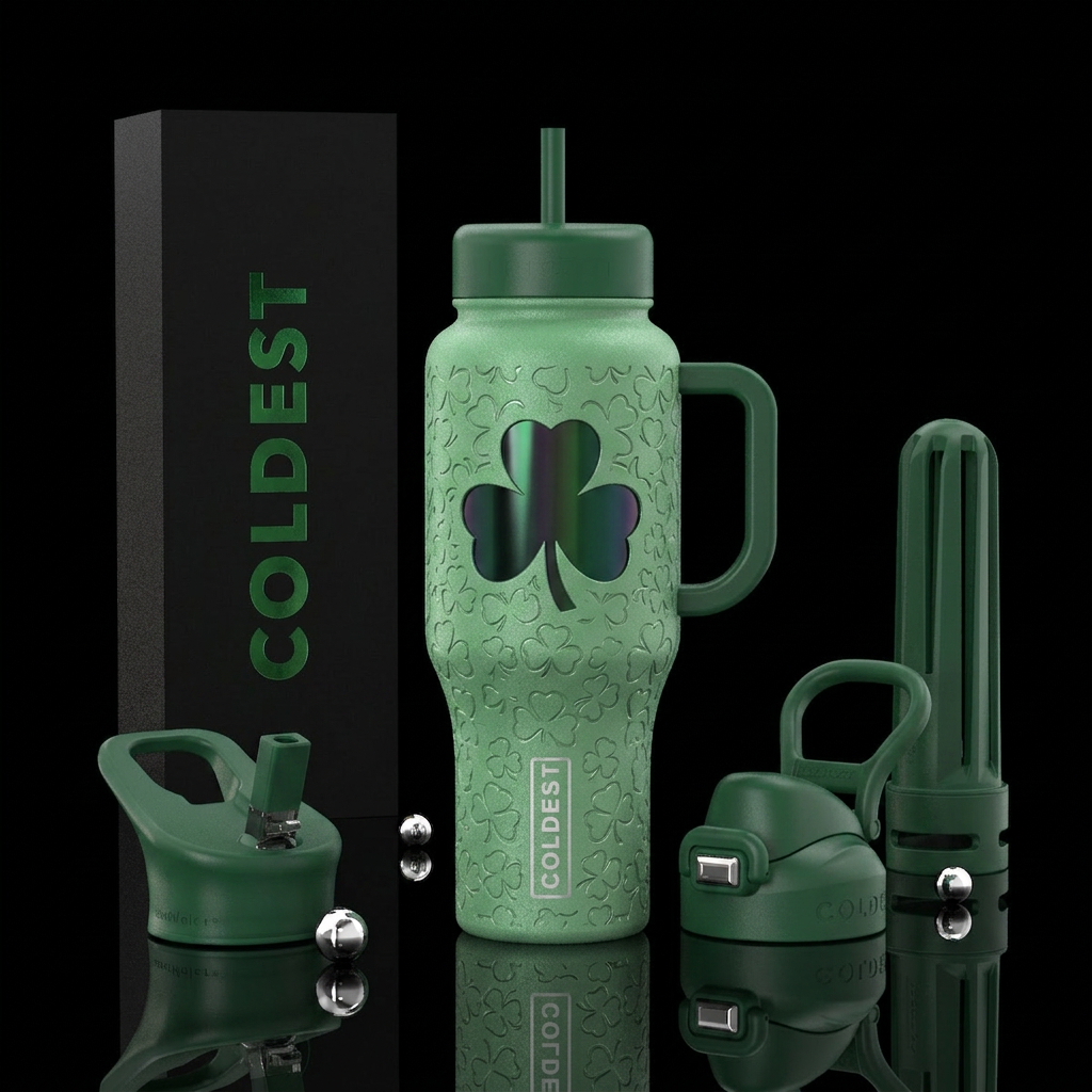 Powder green with embossed dark green iridescent s... water bottle design