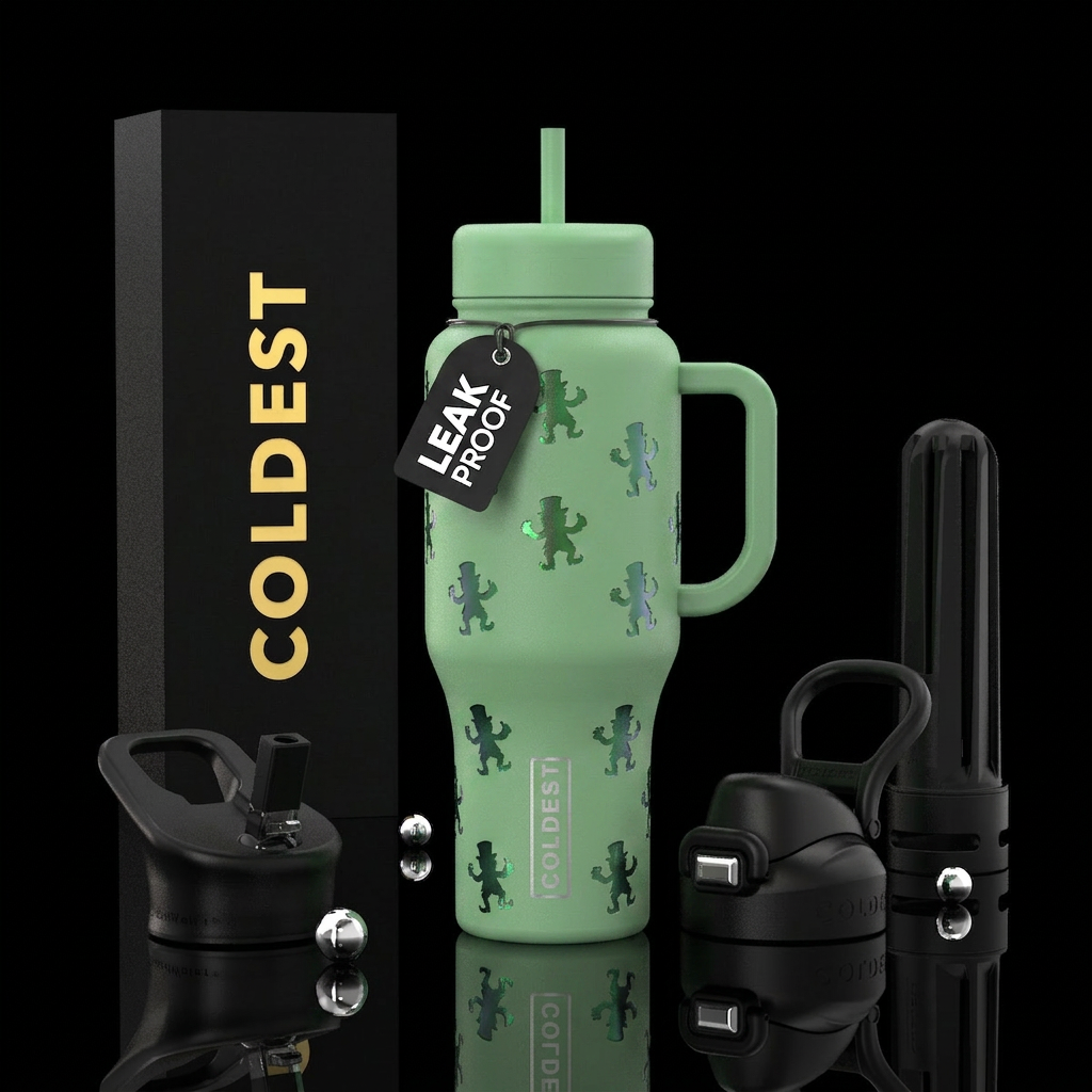 Powder green with embossed dark green iridescent l... water bottle design