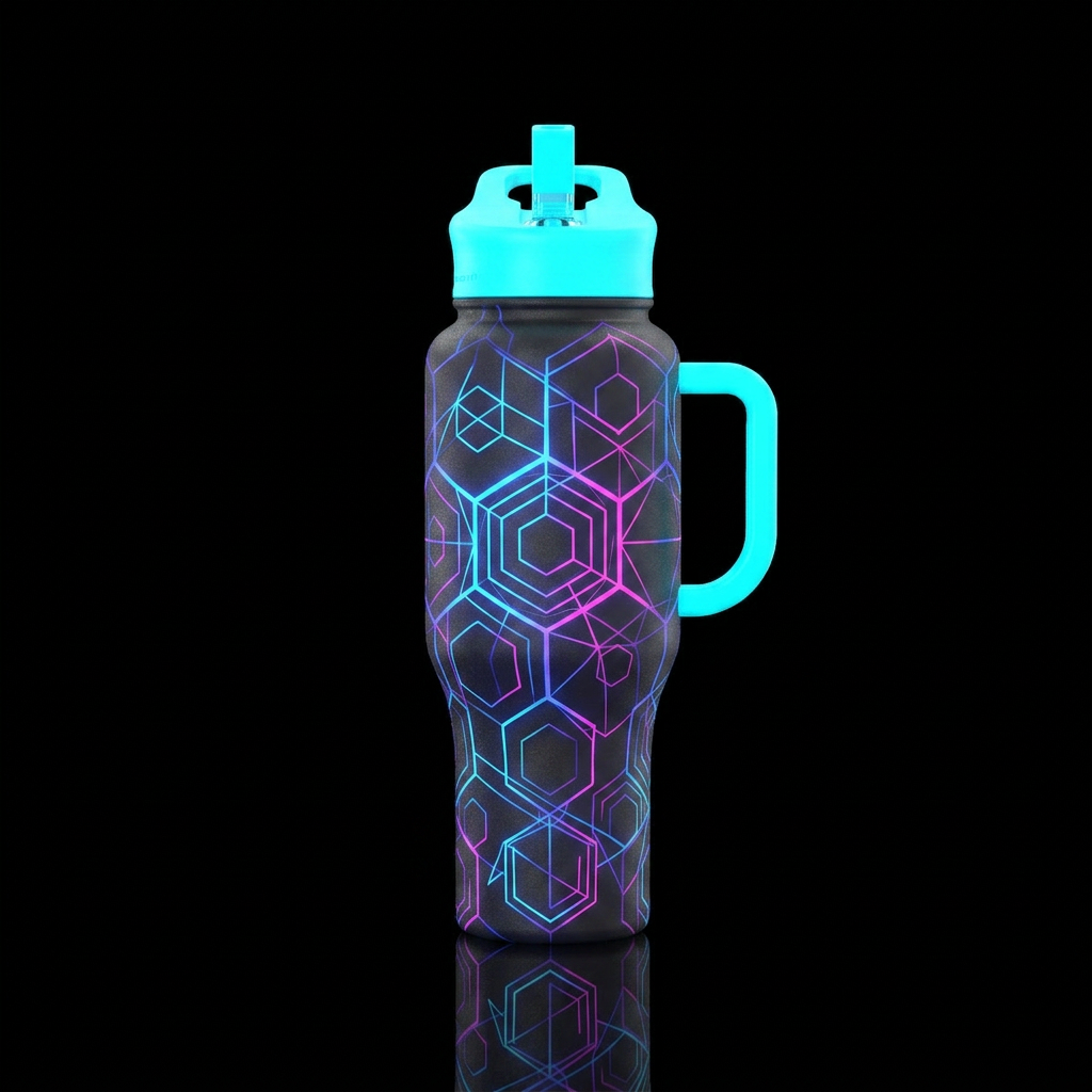 Glowy geometric lines on a p water bottle design