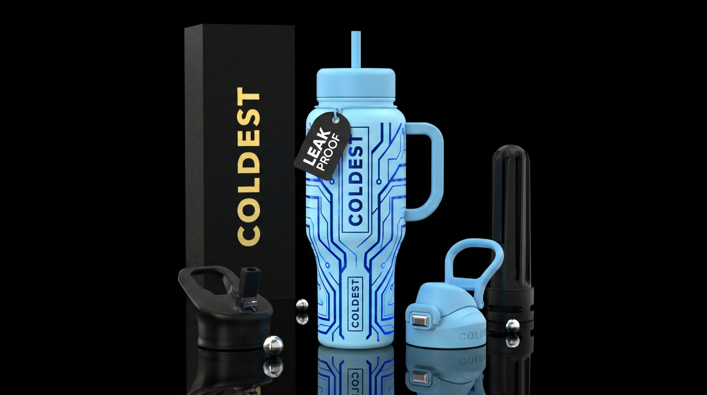 Glowy dark blue geometric lines on a light blue tu... water bottle design