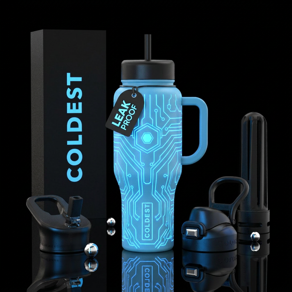 Glowy dark blue geometric lines on a light blue tu... water bottle design