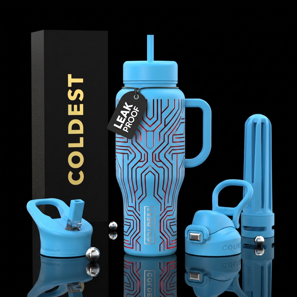 Glowy dark red lines on a light blue tumbler, rese... water bottle design