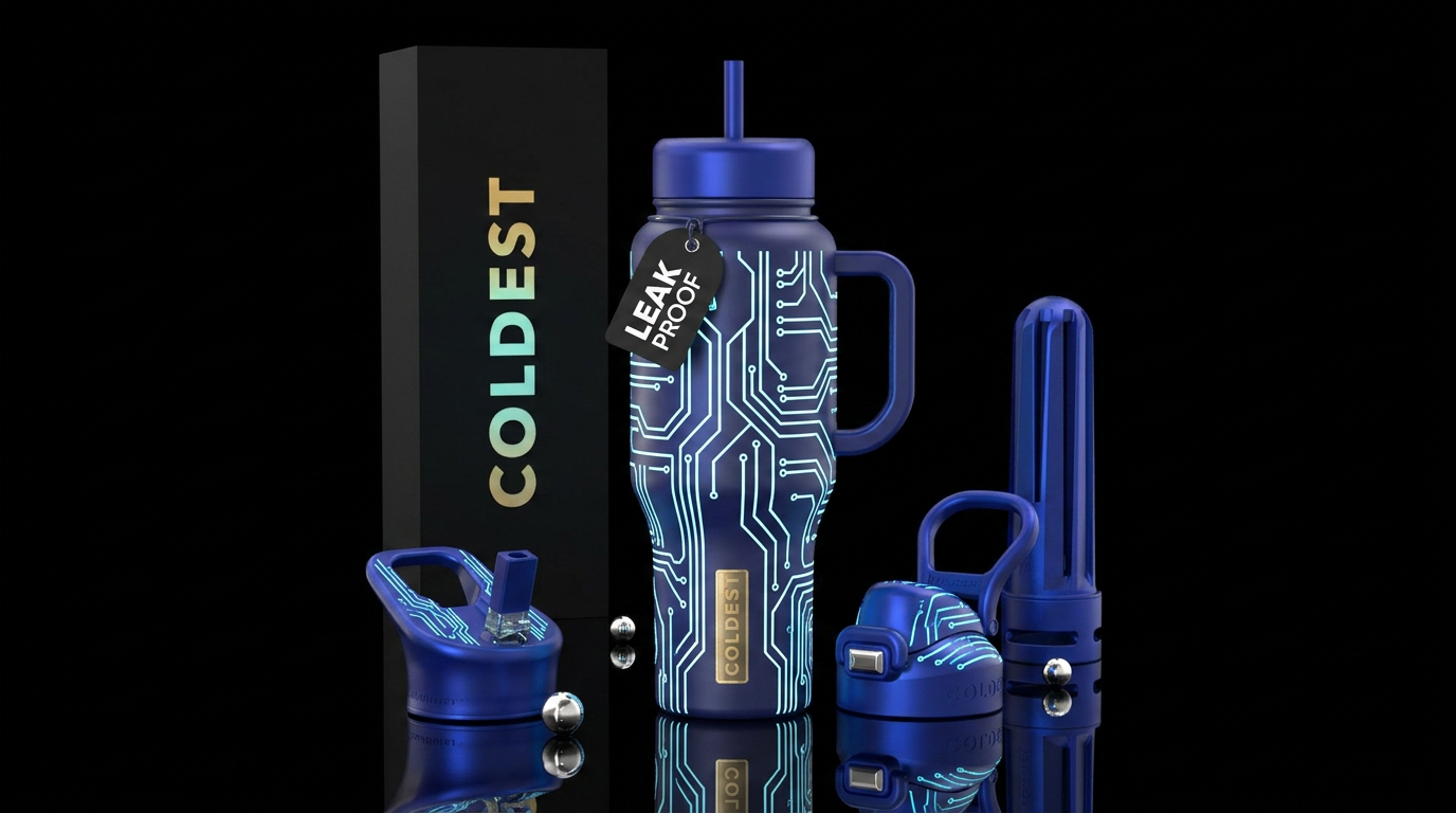 Glowy white lines on a dark blue tumbler, resemble... water bottle design
