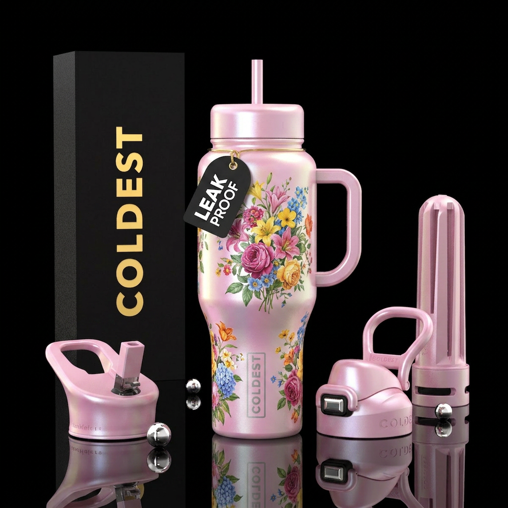 Pearl pink with bouquets of flowers water bottle design