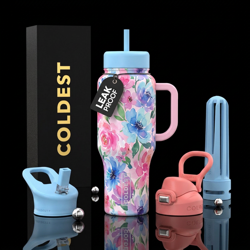 Tumbler is covered in soft floral colors water bottle design