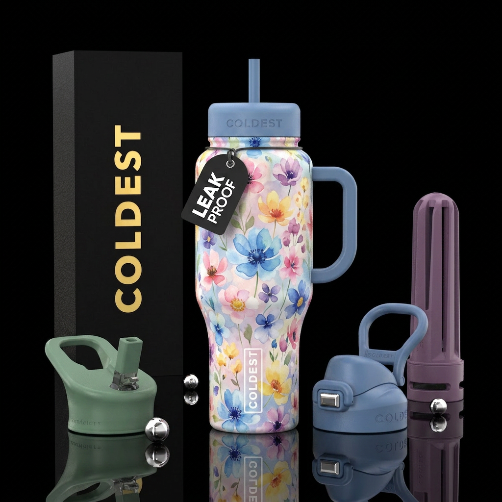 Tumbler is covered in soft floral colors water bottle design
