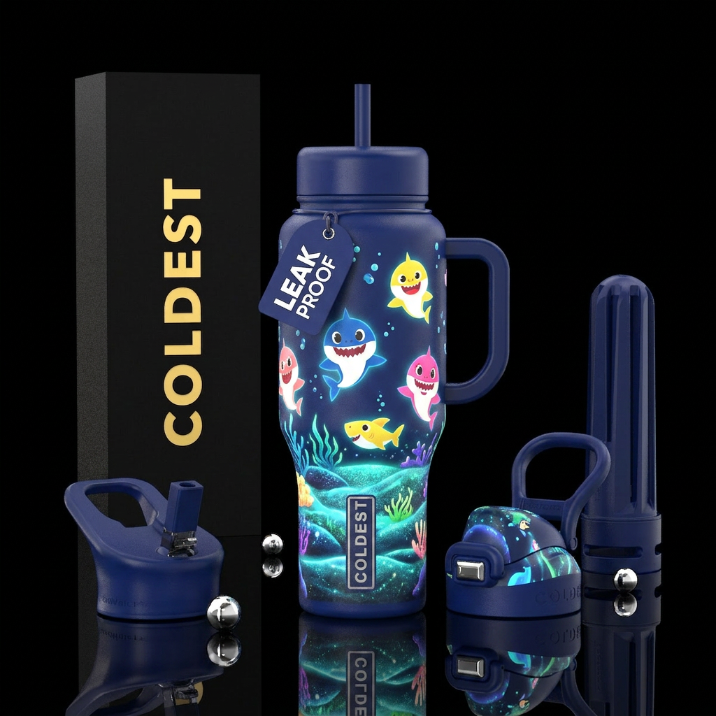 Glowy baby sharks with glowy sea bottom water bottle design