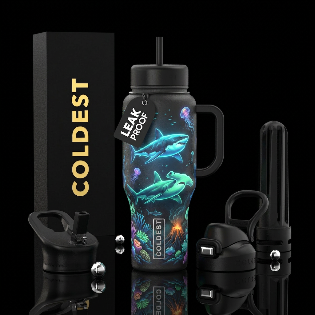 Glowy sharks with glowy sea bottom water bottle design