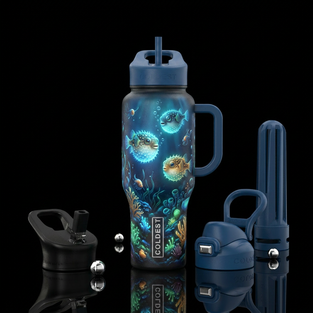 Glowy baby puffer fish with glowy sea bottom water bottle design