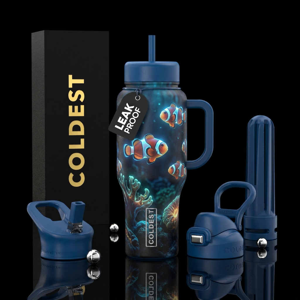Glowy baby  clown fish with glowy sea bottom water bottle design