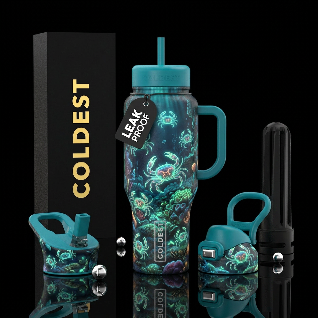 Glowy baby crabs  with glowy sea bottom water bottle design